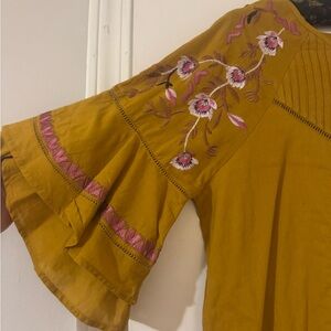Free People - Mustard/Gold Embroidered Boho Dress - Size M - NWT